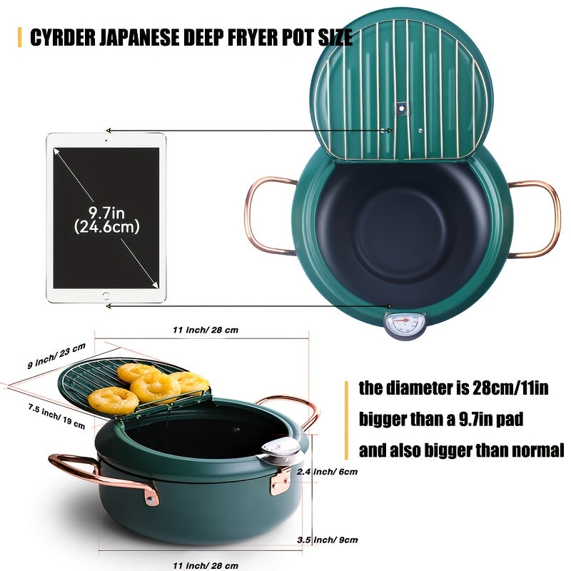 Deep Fryer Pot, 4.3L/11 Inch Japanese Tempura Frying Pot with Fahrenheit Thermometer, Nonstick Carbon Steel Oil Fryer, for Tempura/Frech/Fish/Chicken Fries, Easy Clean, Green