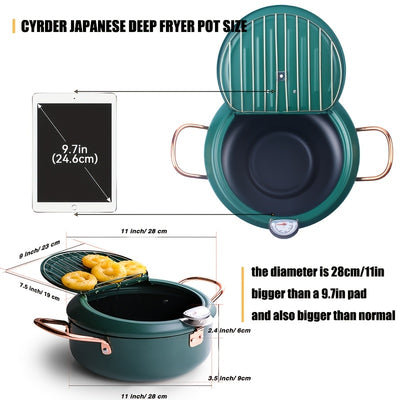 Deep Fryer Pot, 4.3L/11 Inch Japanese Tempura Frying Pot with Fahrenheit Thermometer, Nonstick Carbon Steel Oil Fryer, for Tempura/Frech/Fish/Chicken Fries, Easy Clean, Green