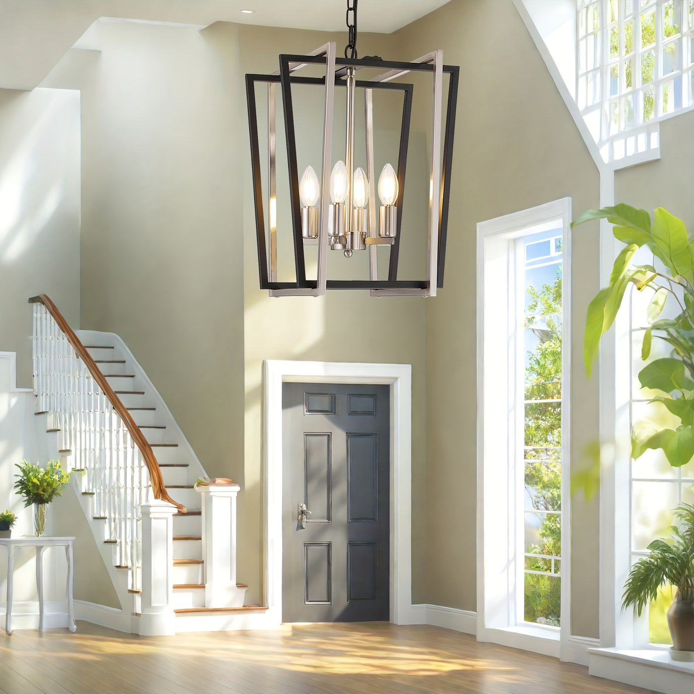 4-Light Adjustable Height Chandelier, Modern Farmhouse Geometric Metal Pendant Light Fixture with Polished Golden Finish & Rust-Resistant Powder Coating, E12 Base for Kitchen Island, Entryway, Foyer, Dining Room, Chandeliers