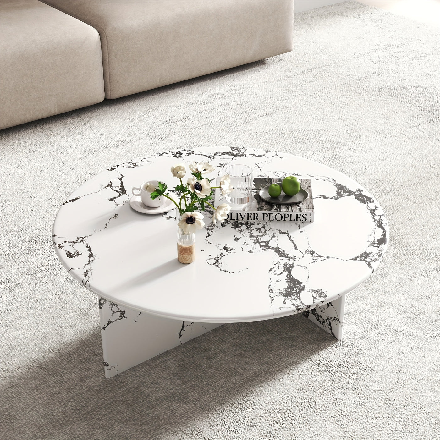 33.5" Marble Round Coffee Tables For Living Room, Center Table For Waiting Area, Space-Saving Coffee Table For Living Room