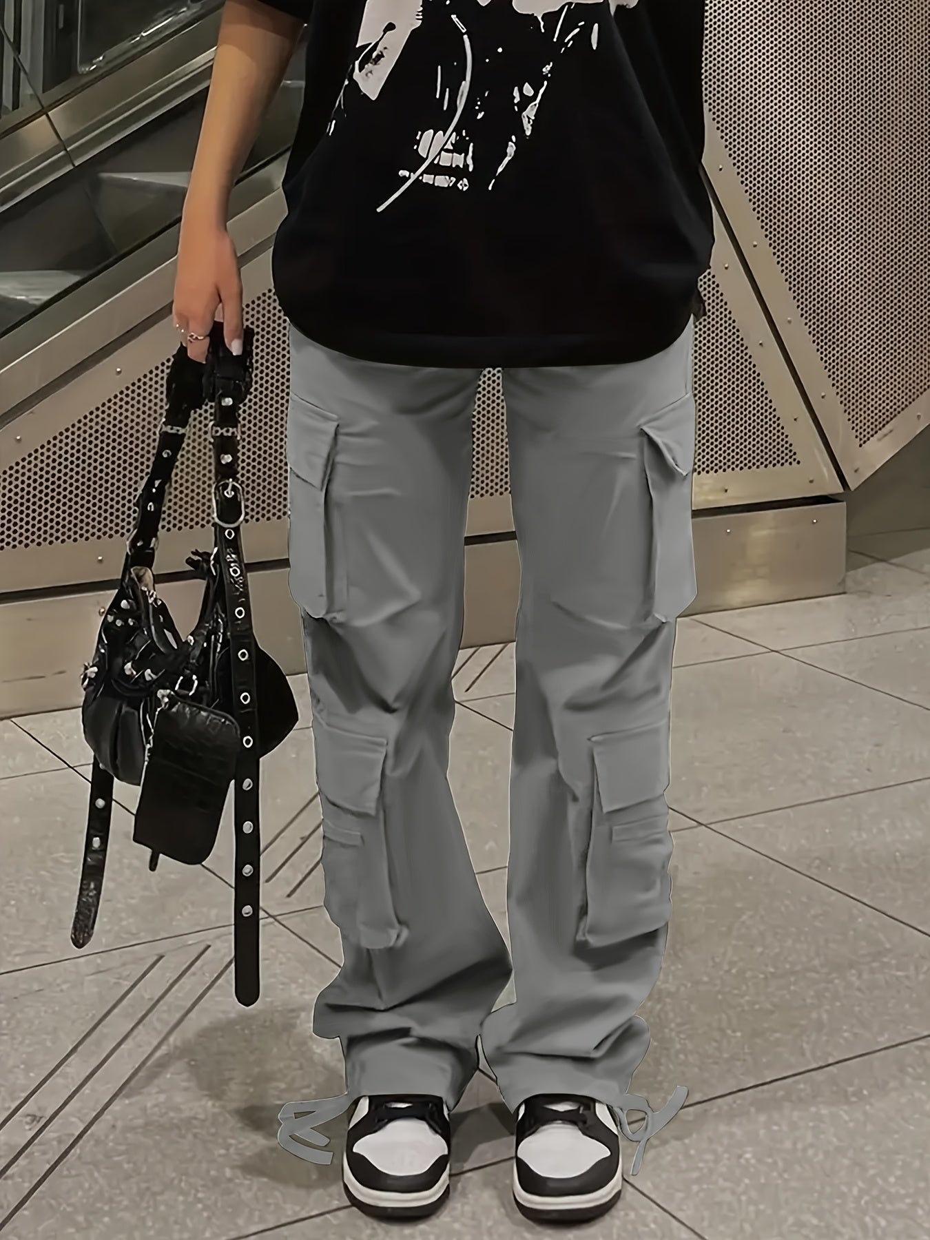 [Y2K Fashion Cargo Pants] Women's High-Waisted Cargo Pants with Flap Pockets, Y2K Kpop Style, Retro Streetwear, Loose Fit Polyester Straight Leg Trousers for All Seasons, Casual Wear Pants|Y2K Fashion|Polyester Fabri
