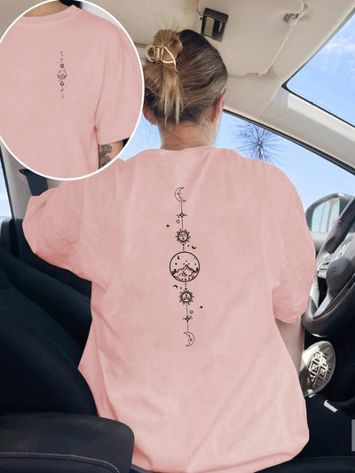 Women's Black & White Celestial Print Short Sleeve T-Shirt - Front & Back Moon & Stars Graphic, Medium Stretch Round Neck Casual Top, Machine Washable All-Season Comfort Fit, Everyday Top | Stylish Back Print | Quality Casual