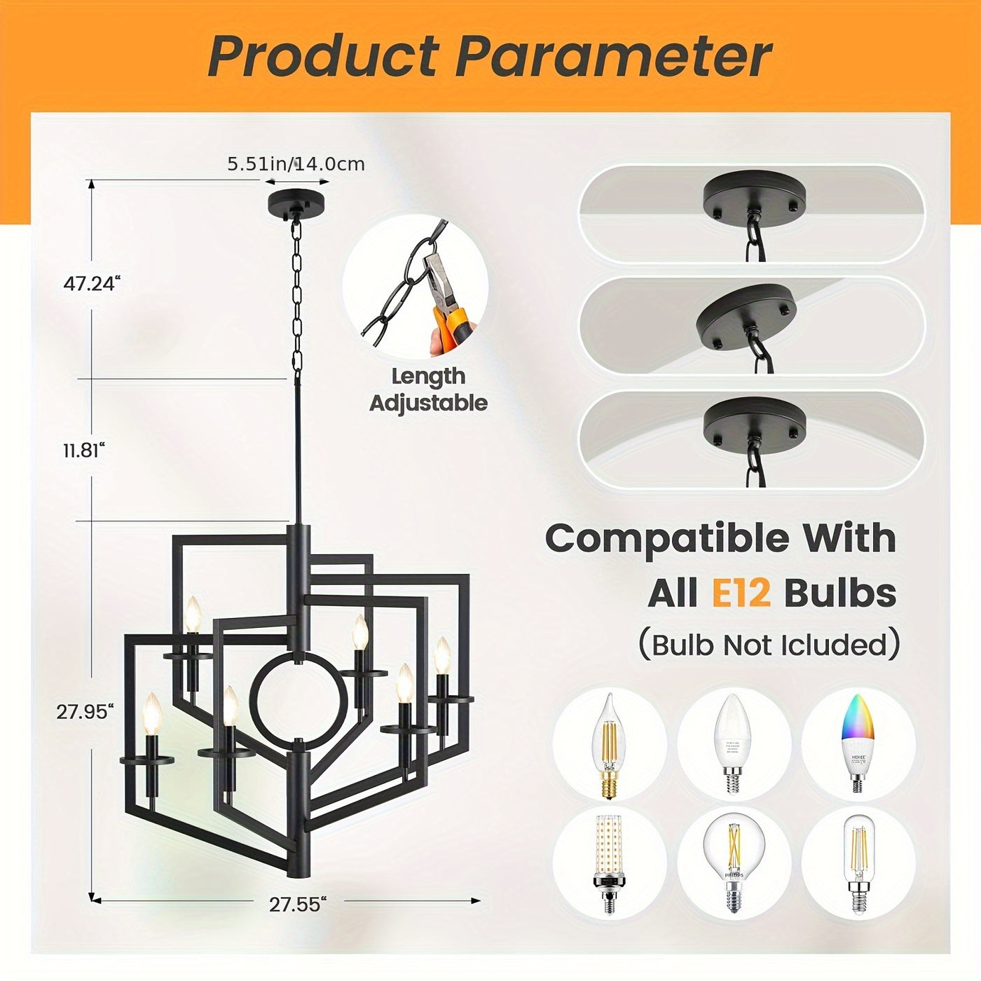 6-Light Black Chandelier for High Ceilings - Modern Adjustable Geometric Metal Fixture with Powder-Coated Finish, Semi-Flush Mount Entryway & Dining Room Lighting, E12 Bulb Compatible, No Assembly Required, Staircase Illumina