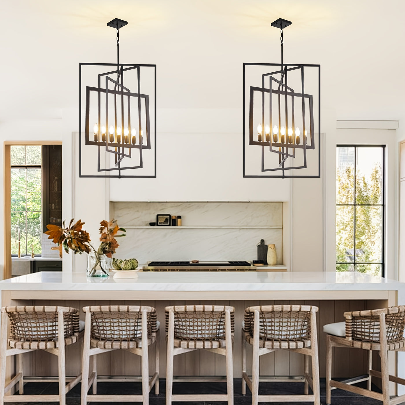 Modern 7 Light Chandelier, 23 Inch Swivel Rectangular Pendant Light Rustic Industrial Farmhouse Foyer Lighting Fixture For High Ceilings For Kitchen Island, Stairs, Entryway