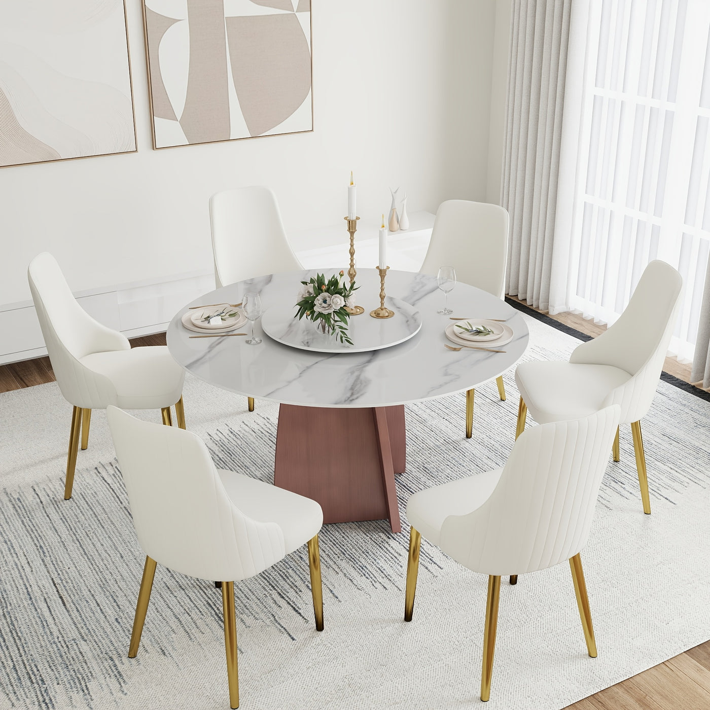 Dining Table for 6 - Sintered Stone Round Dining Table(Chairs Not Included), Modern Marble Dining Table, Glossy White Stone Tabletop, Circle Dining Table for Dining Room, Table Only