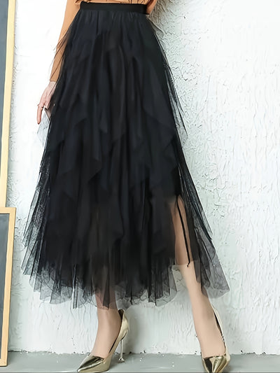 Chic Elegance, Elegant High-Waist A-Line Tulle Skirt for Women - Chic Korean-Style Spring Collection, Sheer Brown Polyester with Delicate Mesh Layers, Perfect for Summer Skirt