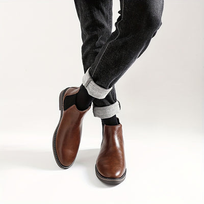 Men'S Chelsea Ankle Boots - Size 40-46, Brown Faux Cover with Black Elastic Band, Pointed Toe, TPR Sole, Ideal for Casual Wear and Vacation
