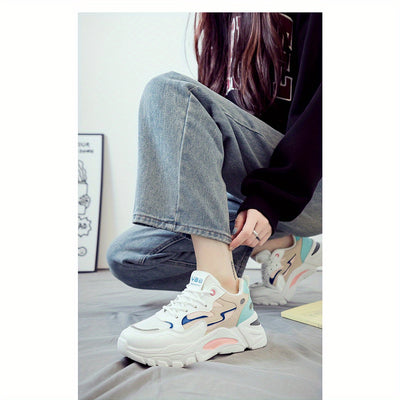 2025 New Women's Breathable Lightweight Mesh Knit Lace-Up Sports Shoes - Cushioned EVA Sole, Striped Design, Low-Top Korean Style for Running, Walking & Road Strolling - All-Season Minimalist Casual Sneakers, Ladies Sneakers,