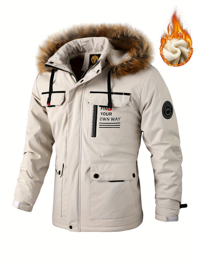 Men'S Winter Windbreaker Jacket with Warm Hood - Maroon Zip-Up Outdoor Coat, Stand Collar, Multiple Pockets, Casual Sporty Design for Cold Weather, Winter Jacket
