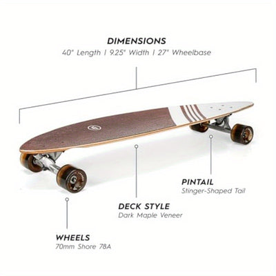 40" Pintail Cruiser Longboard Skateboard - Hard Maple Core Deck with Red/White/Black Design, 4 Black Wheels & Trucks, Smooth Riding for Commuting, Cruising, Carving - Adult & Teen Skateboard, Skateboarding Accessories, Cruisi