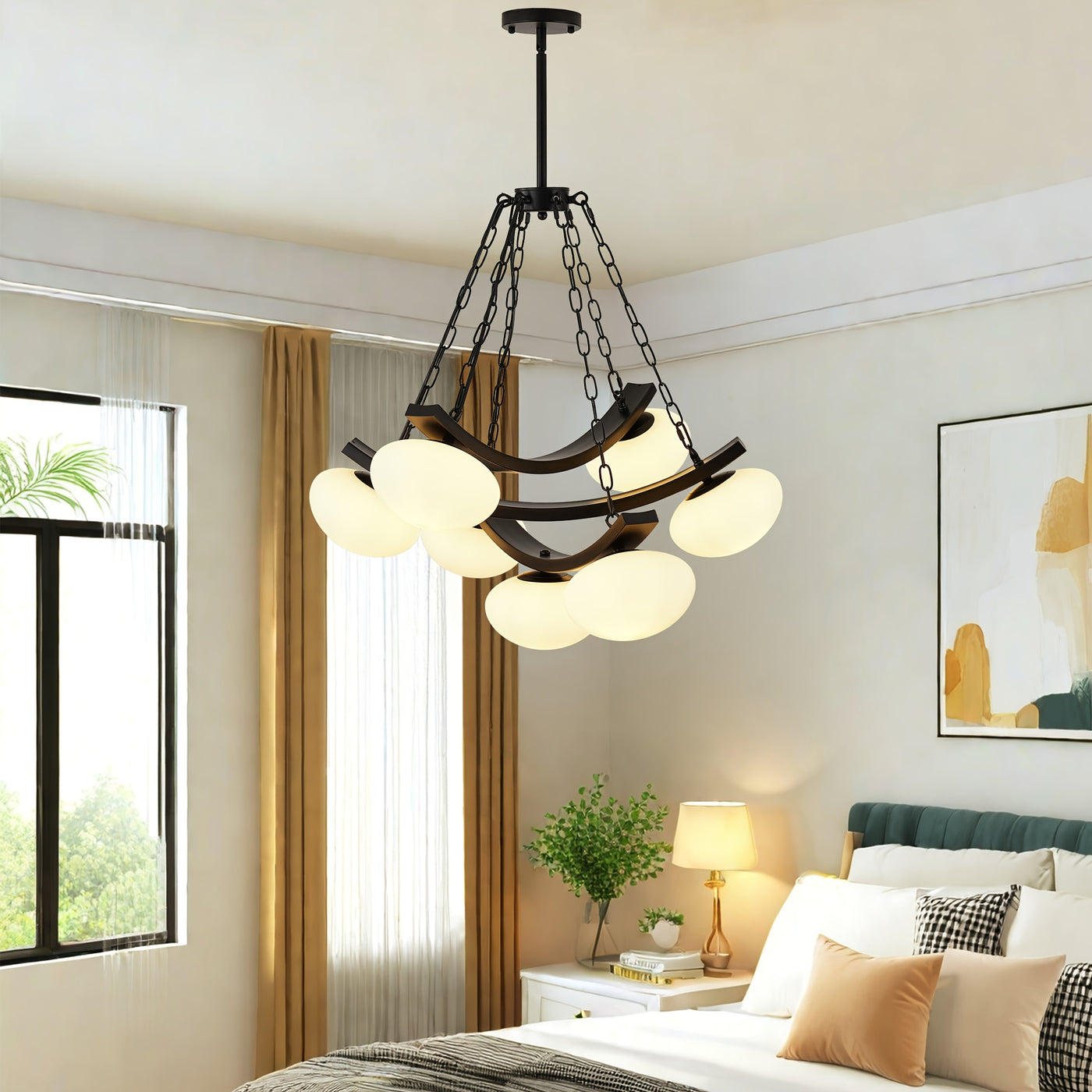 7-Light Golden Modern Sputnik Chandelier, Mid Century for Dining Room Light Fixtures Over Table, Adjustable Hanging Ceiling Light Fixture with Globe Glass Shades for Kitchen Island Living Room Bedroom, Dining Table Light, Cha