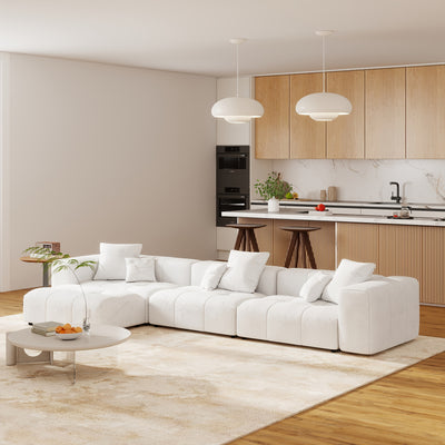 144" Modern White Linen Modular Sectional Sofa with 2 Ottomans - 3-Seater L-Shaped or U-Shaped Configurations, Plush Cushioned Deep Seat, Hardwood Frame & Chenille Fabric, Removable Washable Cover, Neutral-Toned Living Room C