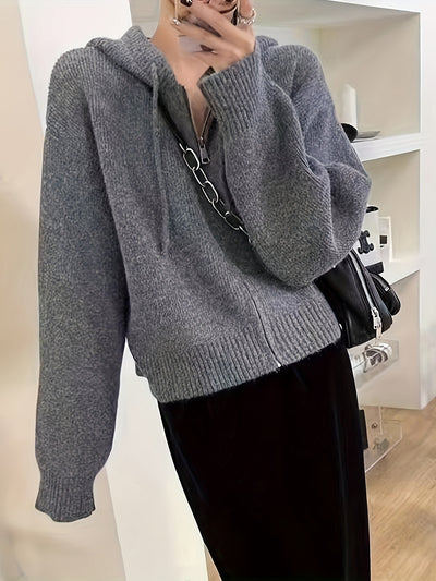 Solid Zipper Drawstring Hooded Cardigan, Casual Long Sleeve Loose Cardigan For Fall & Winter, Women's Clothing