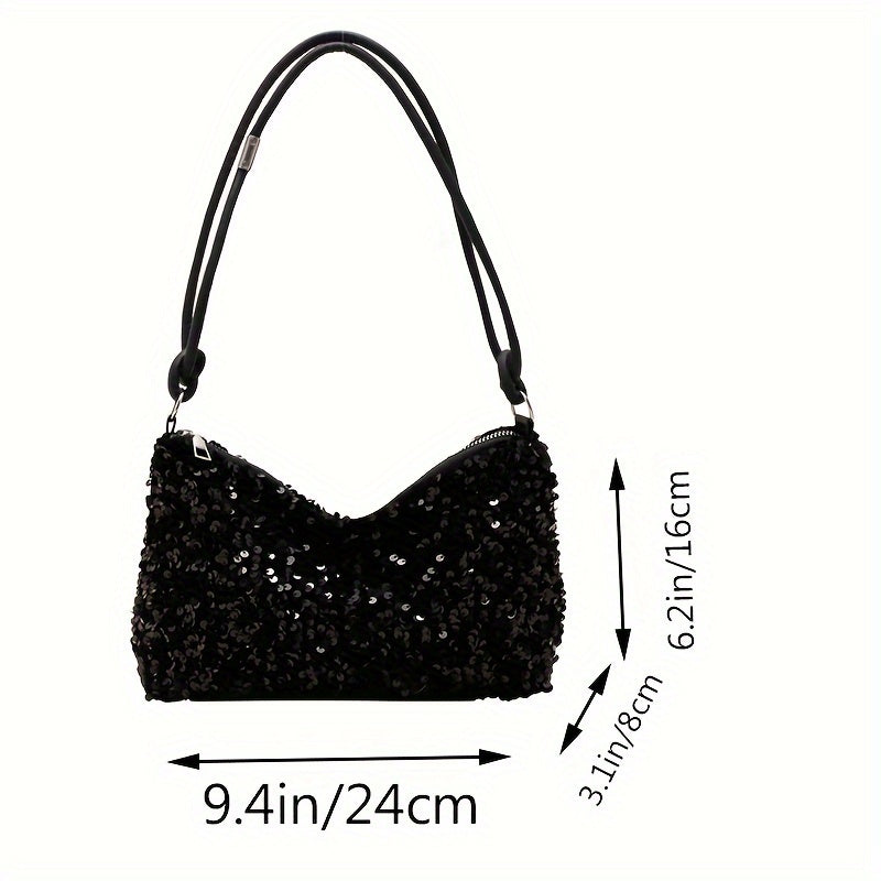 Urban Essentials, Chic Black Sequin Shoulder Bag for Women - Trendy Korean Style, Lightweight Nylon Handbag with Fixed Strap and Zip Closure, Polyester Lined