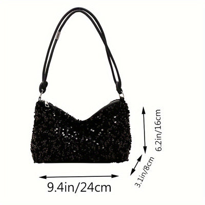 Urban Essentials, Chic Black Sequin Shoulder Bag for Women - Trendy Korean Style, Lightweight Nylon Handbag with Fixed Strap and Zip Closure, Polyester Lined