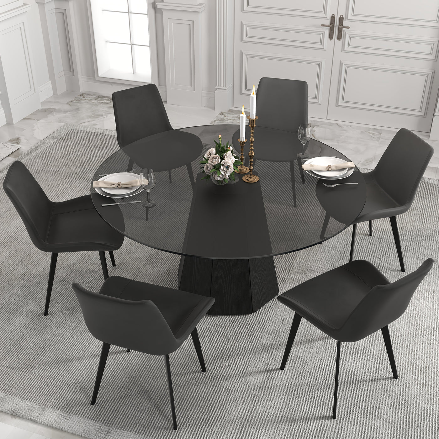 Glass Round Dining Table For 6-8, Modern Dining Table 59" Dining Room Table Round Black Glass Top With Solid Base For Kitchen