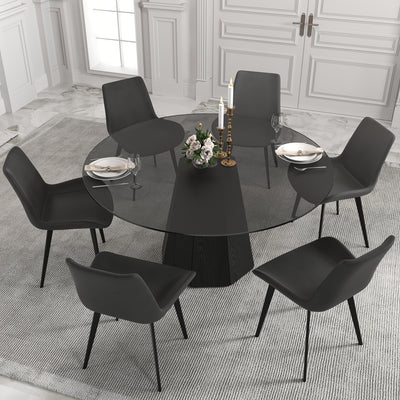 Glass Round Dining Table For 6-8, Modern Dining Table 59" Dining Room Table Round Black Glass Top With Solid Base For Kitchen