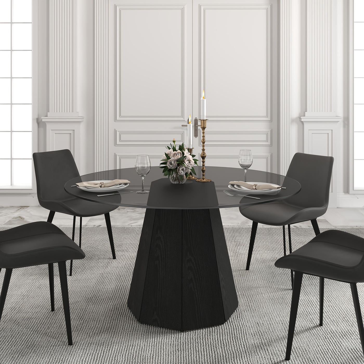 Glass Round Dining Table For 6-8, Modern Dining Table 59" Dining Room Table Round Black Glass Top With Solid Base For Kitchen