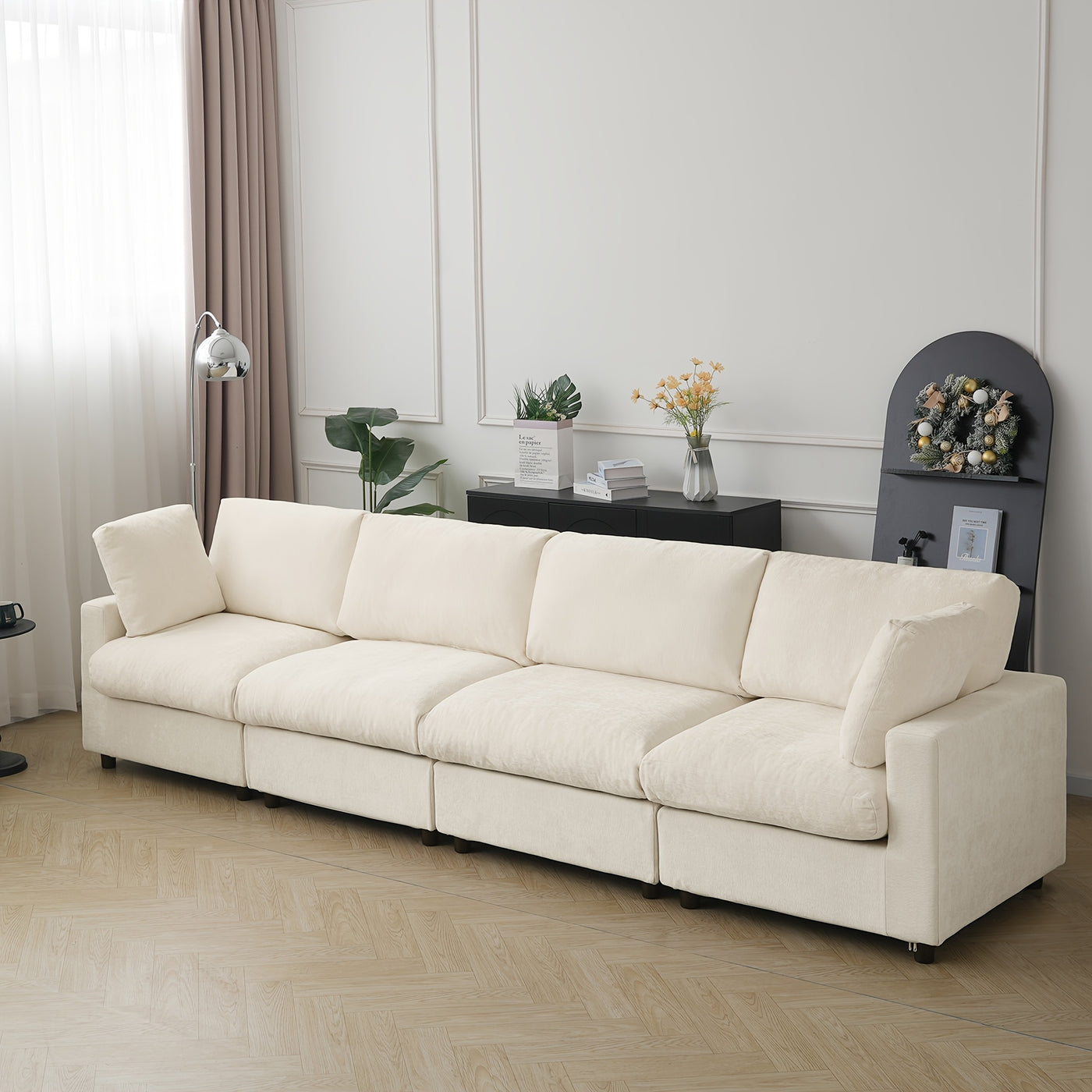 134" Extra Long Modular Sectional Sofa - 4-Seater Convertible L-Shaped Couch with Chaise Lounge, Washable Fabric Upholstery & Plush Cushions, Modern Minimalist Black Sectional Sofa for Large Living Room, Apartment, Open-Conce