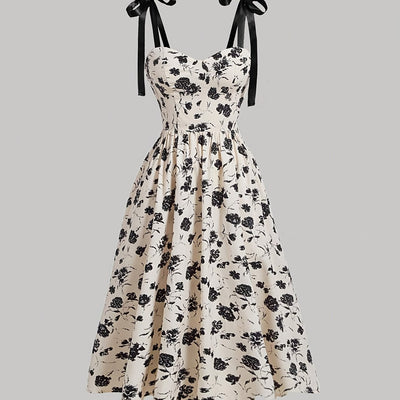 Elegant Off-Shoulder Floral Print Dress with Red Bow Straps