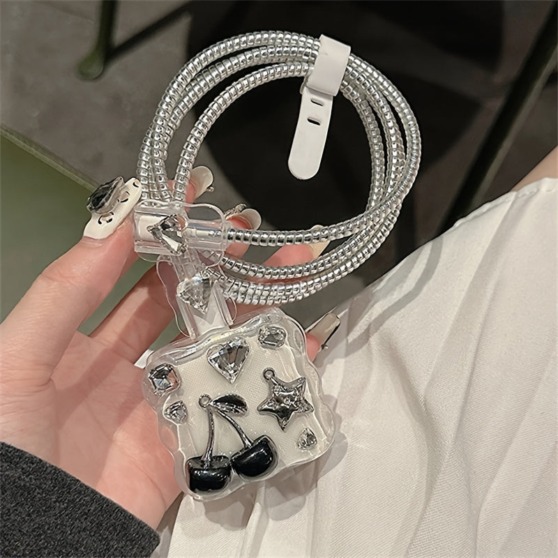 Silicone Charger Case for iPhone, Epoxy Cherry & Love Heart Design, Clear Star Charge Protection Cover, No Battery - Korean Cute Accessory