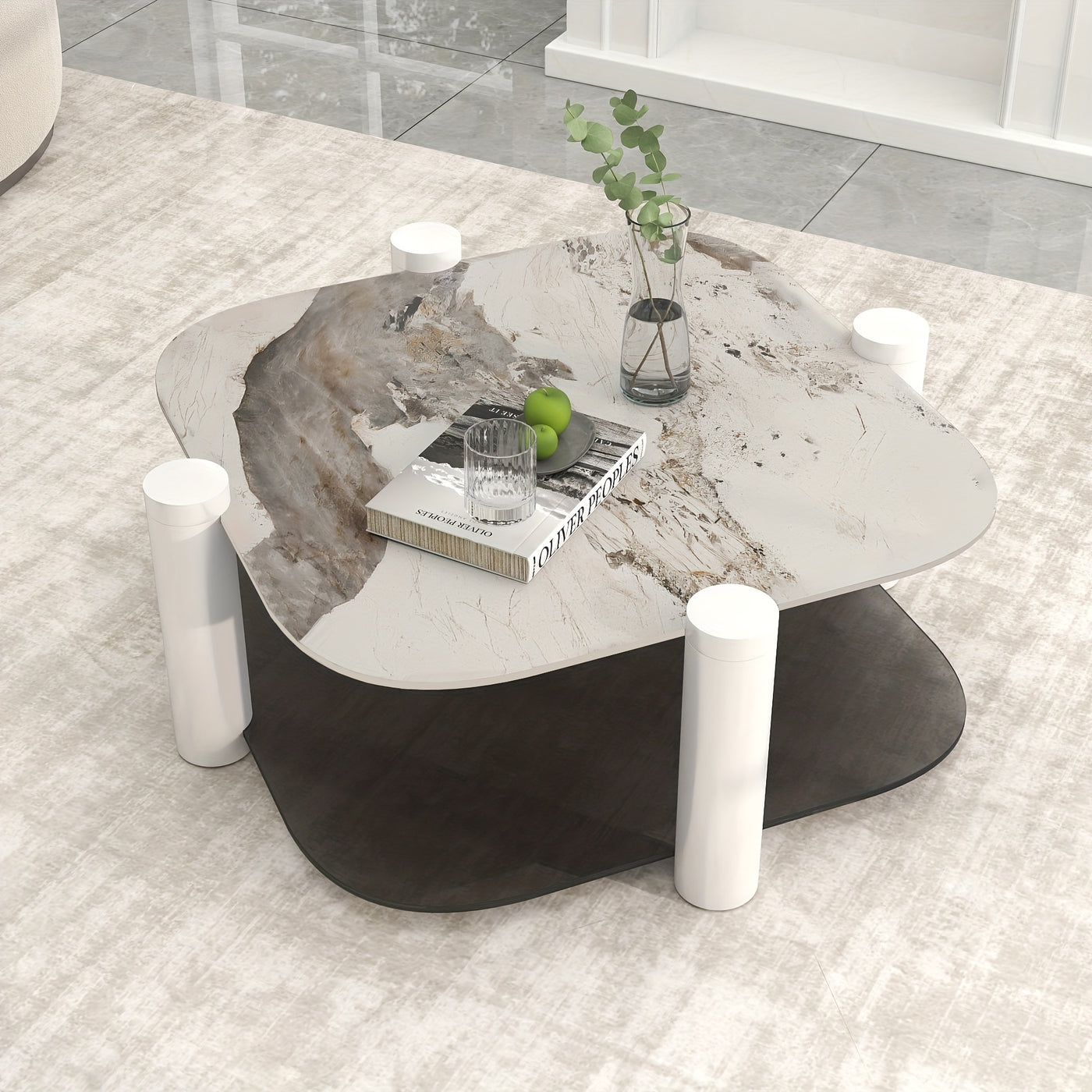 35.4 Inches Coffee Table, 2-layer Storage Space, Round Decorative Table, Rock Board And Glass Can Be Freely Matched, Suitable For Living Room, Bedroom, Small Space