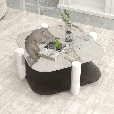 35.4 Inches Coffee Table, 2-layer Storage Space, Round Decorative Table, Rock Board And Glass Can Be Freely Matched, Suitable For Living Room, Bedroom, Small Space