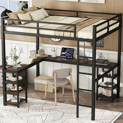 Full Size Loft Bed With Desk And Storage Shelves, Heavy Duty Loft Bed With Desk And Ladder, Full Size Loft Bed For Kids,