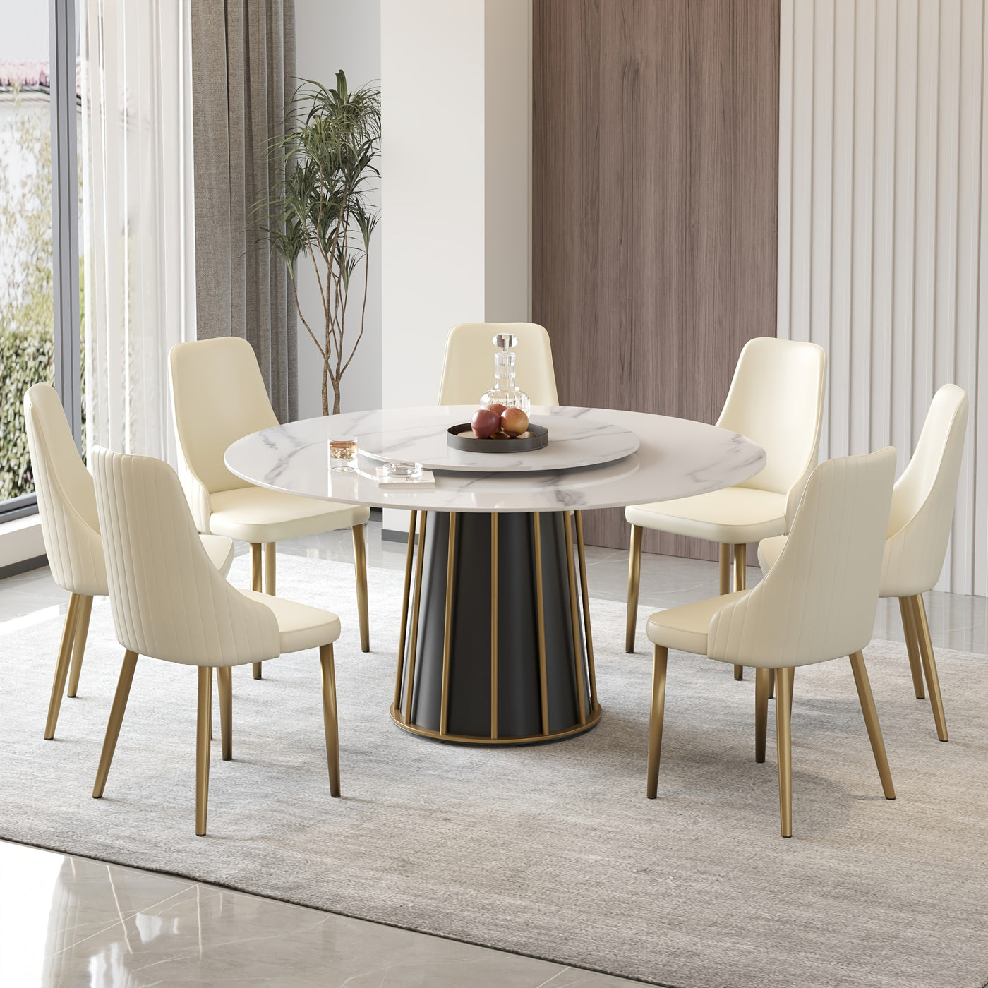 Round Dining Table - Marble Dining Room Table Round Kitchen Table for 4 to 6 (Dining Table Only, Chairs Not Included), Glossy Sintered Stone Tabletop with Metal Base Circle Dining Table for Kitchen