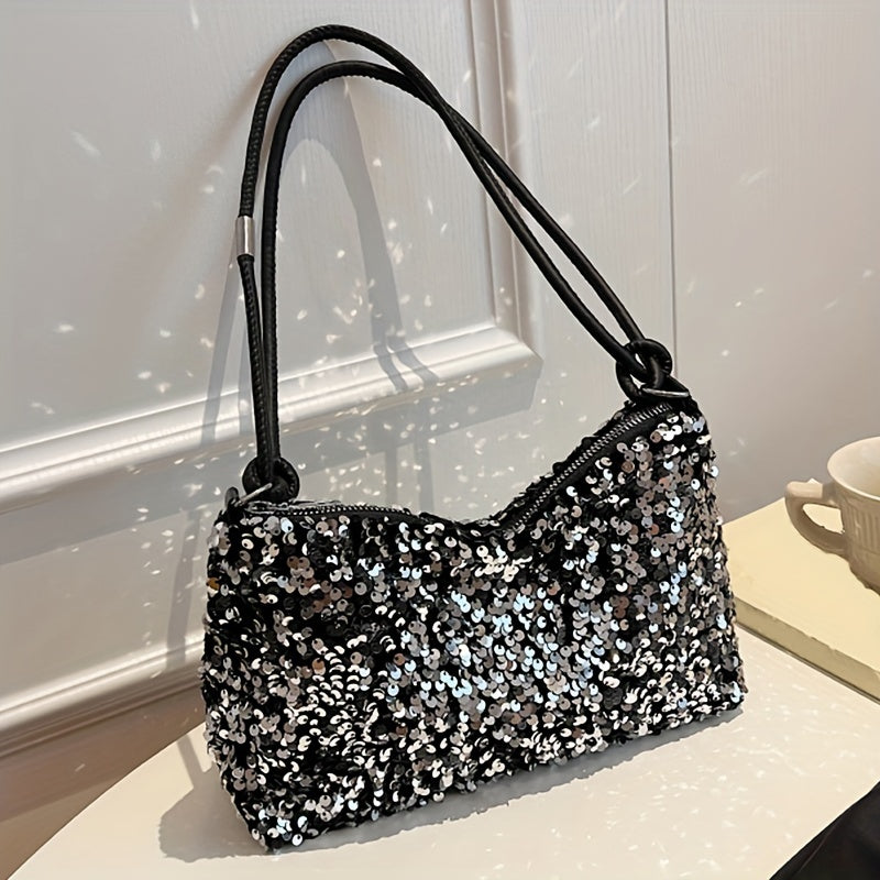 Urban Essentials, Chic Black Sequin Shoulder Bag for Women - Trendy Korean Style, Lightweight Nylon Handbag with Fixed Strap and Zip Closure, Polyester Lined