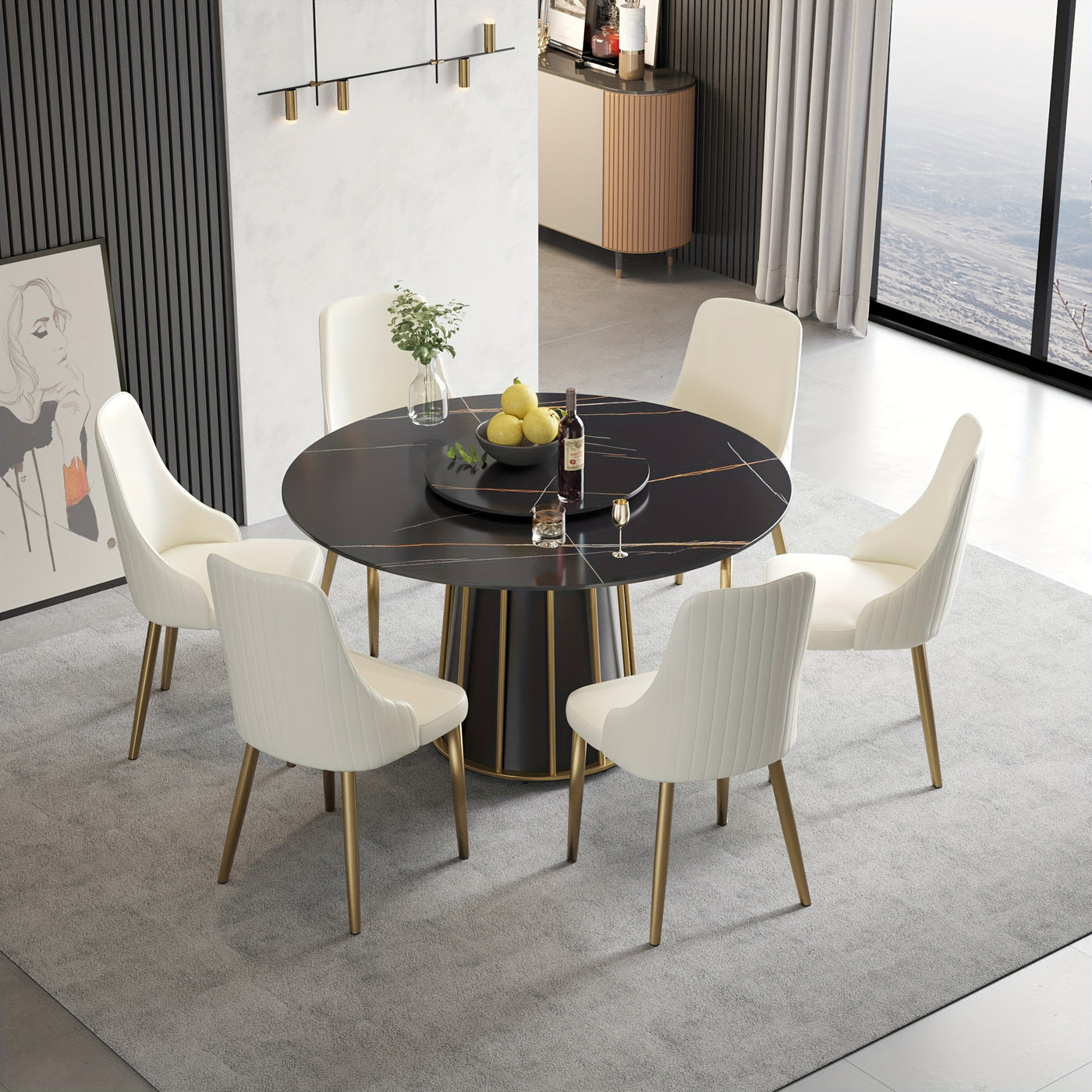 Round Dining Table - Marble Dining Room Table Round Kitchen Table for 4 to 6 (Dining Table Only, Chairs Not Included), Glossy Sintered Stone Tabletop with Metal Base Circle Dining Table for Kitchen