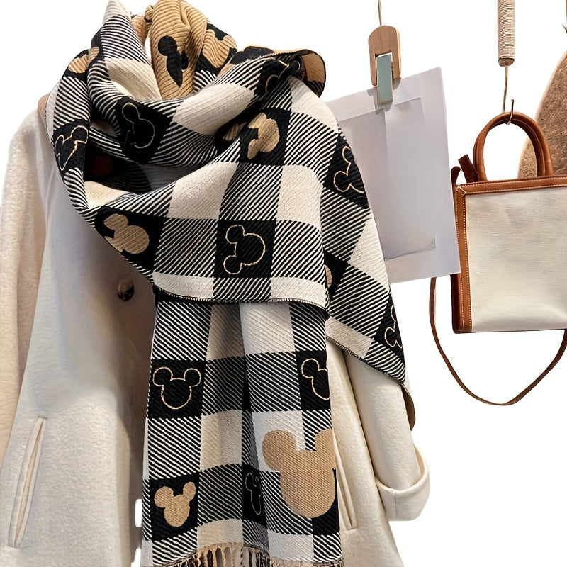 1pc Elegant Polyester Scarf for Women - Double-Sided Heart Check Pattern, Korean Tassel, Warm Shawl, Thick Versatile Wrap, Windproof, Decorative, Non-Elastic, Jacquard and Printed Design, Suitable for Mature Occasions