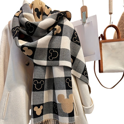 1pc Elegant Polyester Scarf for Women - Double-Sided Heart Check Pattern, Korean Tassel, Warm Shawl, Thick Versatile Wrap, Windproof, Decorative, Non-Elastic, Jacquard and Printed Design, Suitable for Mature Occasions