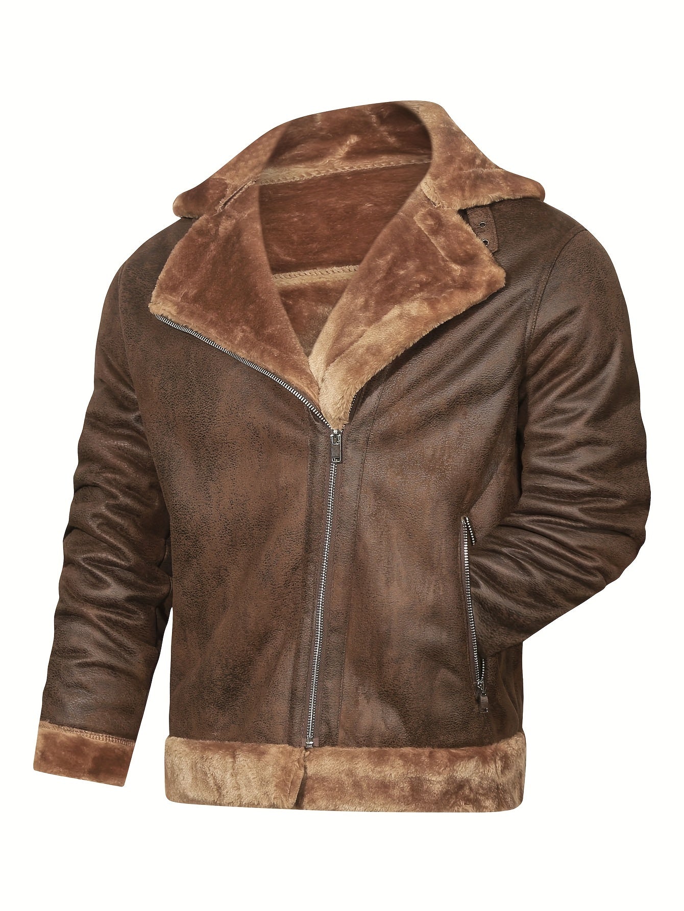 Men's Slim Fit Jacket with Faux Fur Trim - Casual Brown Zip-Up Coat, Long Sleeve, Polyester Blend for Casual Attire