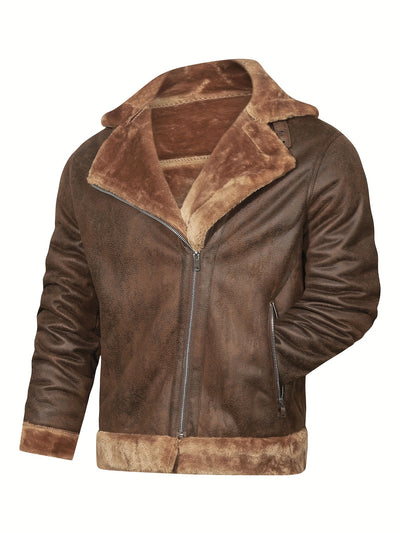 Men's Slim Fit Jacket with Faux Fur Trim - Casual Brown Zip-Up Coat, Long Sleeve, Polyester Blend for Casual Attire