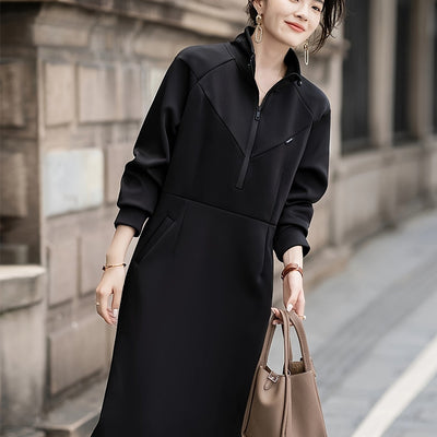 Korean Style A-Line Midi Dress - Polyester and Elastane Blend, Casual Wear for Spring and Autumn, Small Collar, No Pattern, No See-Through, Comfortable and Versatile for Women