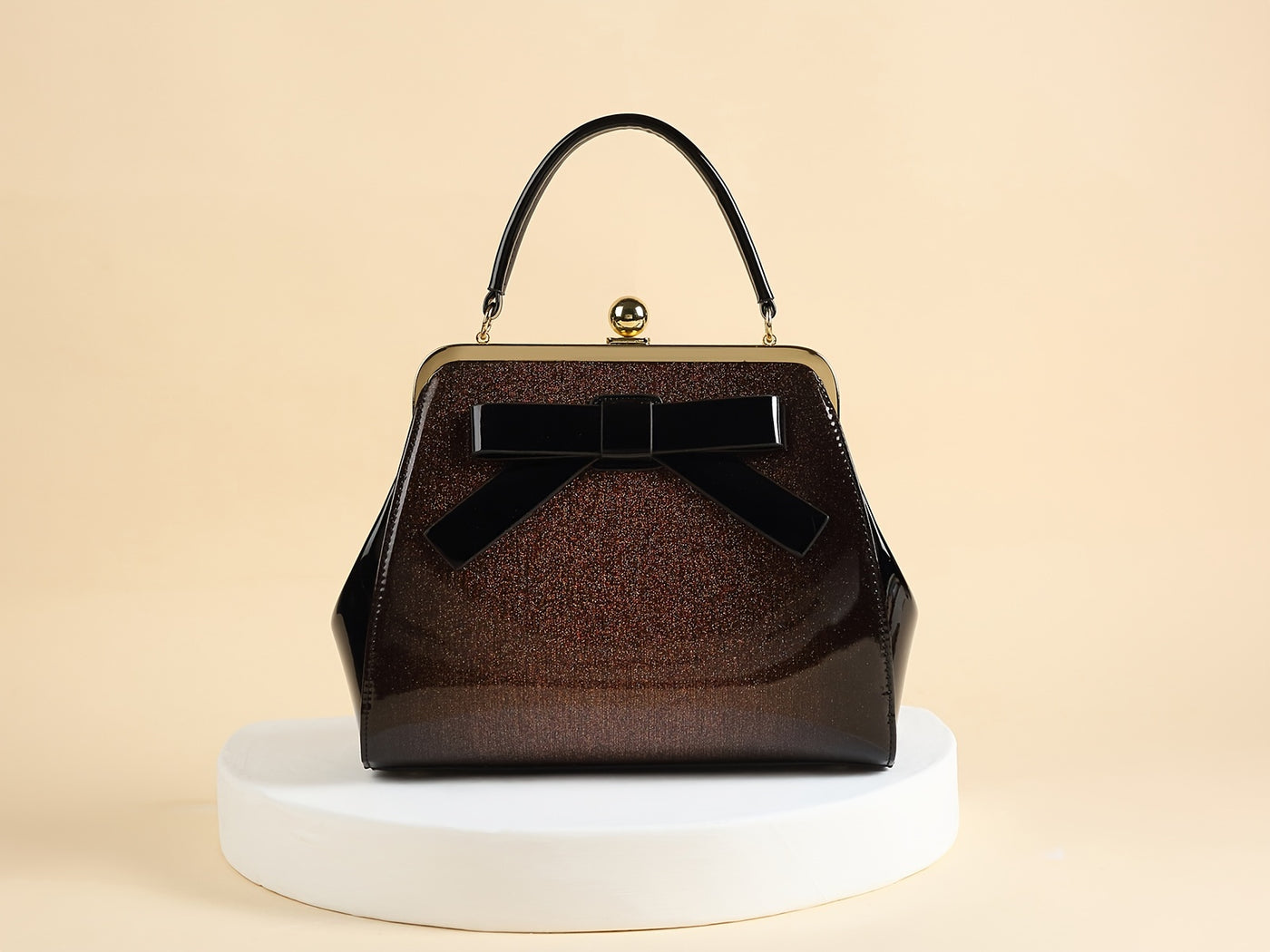 [Elegant Handbag] High Quality Lacquered Handbag | 2024 Autumn New Korean Polka Dot for Women - Kiss Lock Closure, Removable Shoulder Strap & Bow Detail, Glossy Patent Look (Black/White, Bronze, Pink & White) - Perfect for We