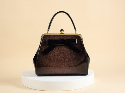 [Elegant Handbag] High Quality Lacquered Handbag | 2024 Autumn New Korean Polka Dot for Women - Kiss Lock Closure, Removable Shoulder Strap & Bow Detail, Glossy Patent Look (Black/White, Bronze, Pink & White) - Perfect for We