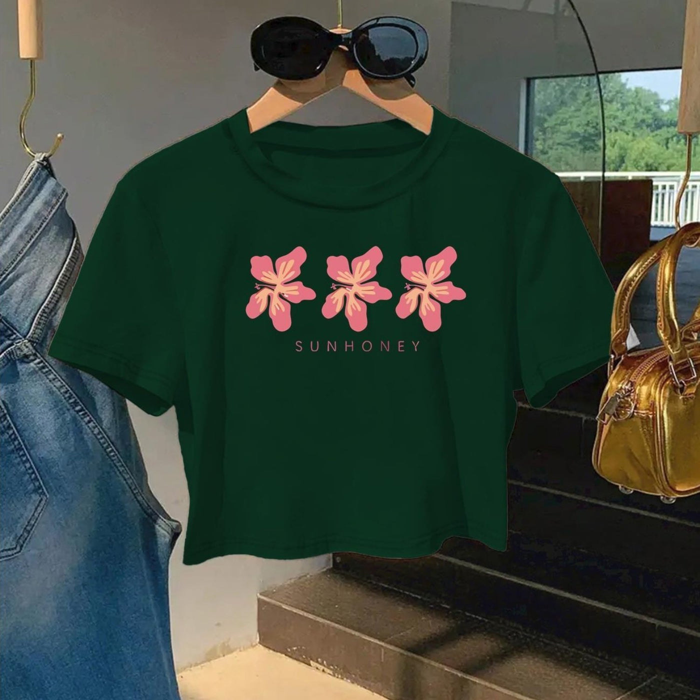 Women'S Floral Print Crop Top T-Shirt - "SUNHONEY" Design with Pink Butterflies, Casual Round Neck Short Sleeve Tee, Lightweight Polyester, Machine Washable, Perfect for Spring/Summer Outfits, Spring Fashion Top | Butterfly P