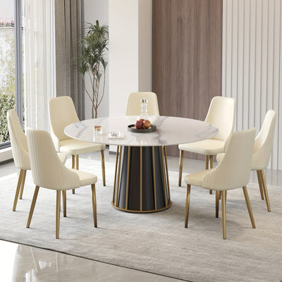 Round Dining Table - Marble Dining Room Table Round Kitchen Table for 4 to 6 (Dining Table Only, Chairs Not Included), Glossy Sintered Stone Tabletop with Metal Base Circle Dining Table for Kitchen