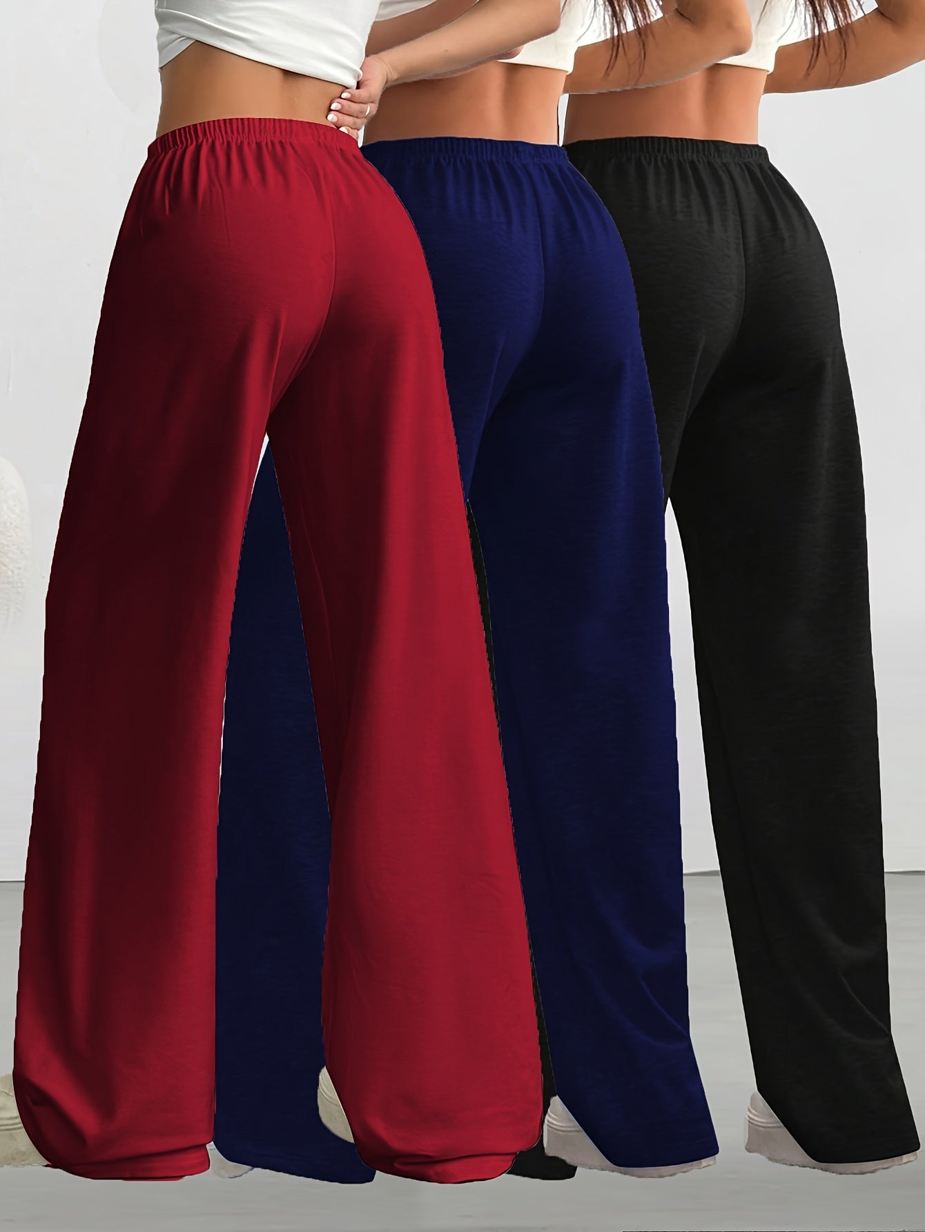 3pcs Women's Casual Wide-Leg Pants, Elastic Waistband - Loose Fit Medium Stretch Fabric, Machine Washable, Spring Summer Autumn Casual Wear, Athletic Joggers