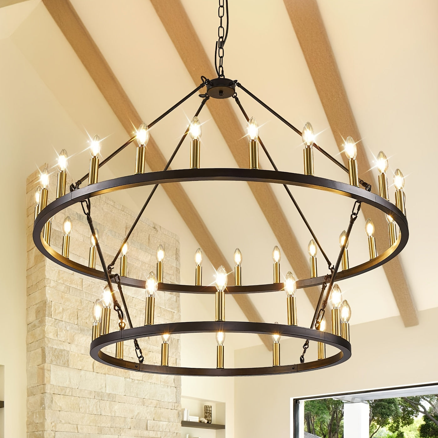 Modern Farmhouse Chandelier 2 Tier Round Wheel Chandelier Large High Ceiling Light.