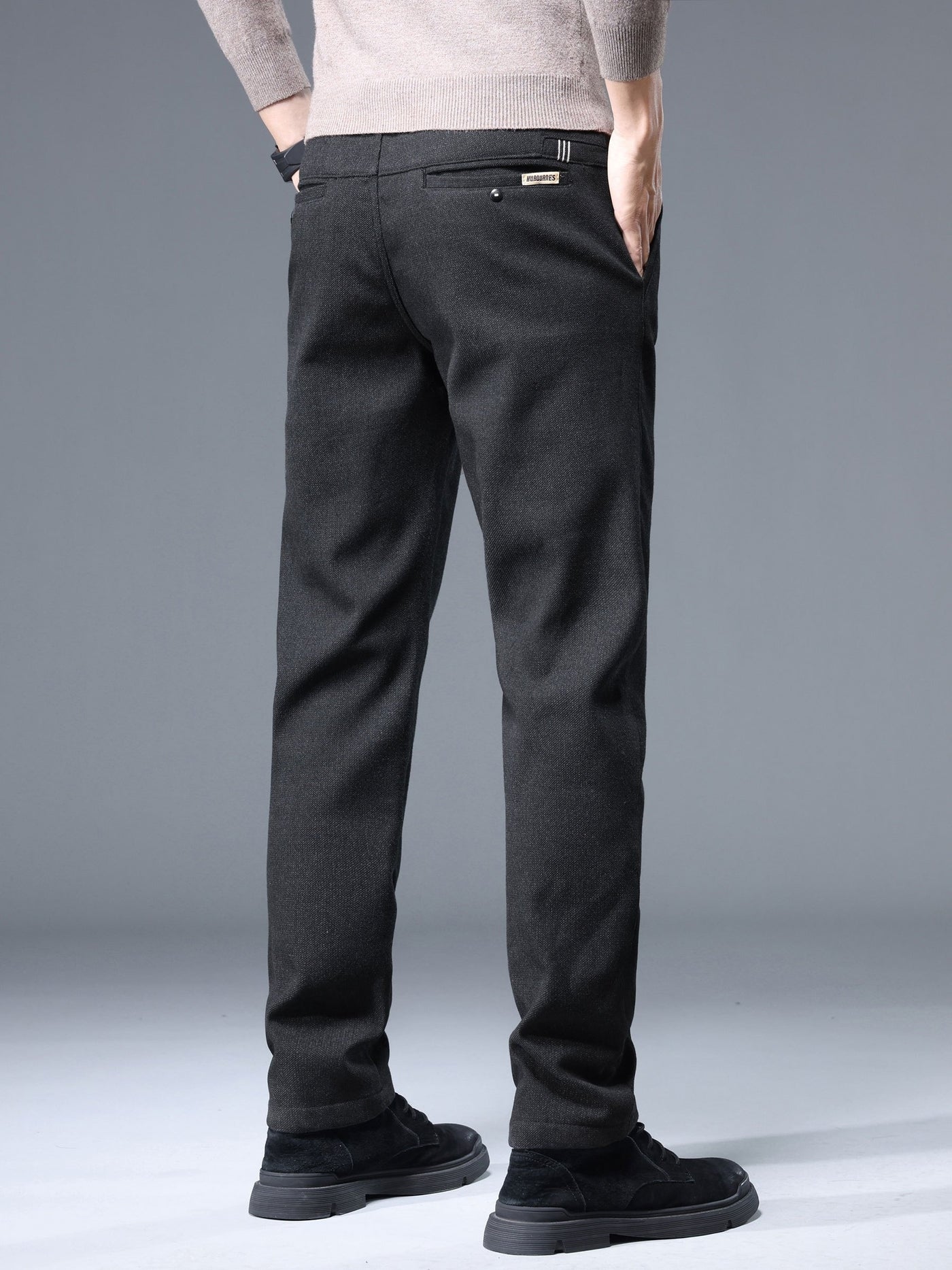Men's Thermal Padded Slim Fit Trousers, 8891# Winter Woolen Men's Pants, Korean Style Business Casual, Polyester Blend, Regular Length, Zipper Closure, Straight Leg, Mid-Waist, Embroidery Detail, 420gsm