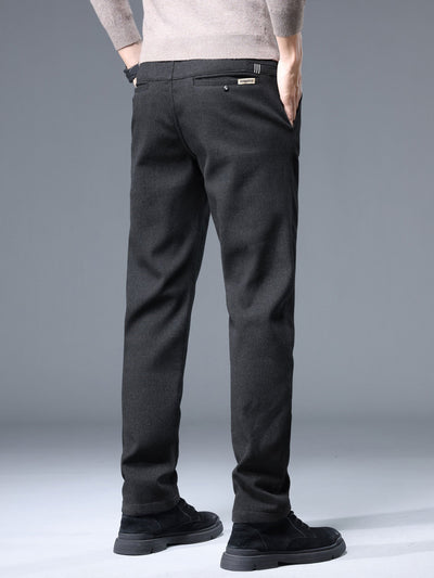 Men's Thermal Padded Slim Fit Trousers, 8891# Winter Woolen Men's Pants, Korean Style Business Casual, Polyester Blend, Regular Length, Zipper Closure, Straight Leg, Mid-Waist, Embroidery Detail, 420gsm