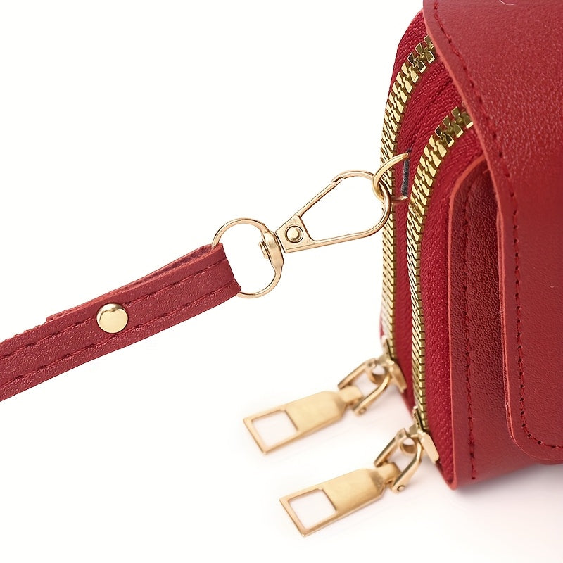 Women's Fashionable Square Cell Phone And Coin Shoulder Bag, Double Zipper Multi-compartment Women's Small Square Bag with Card Slots And Detachable Adjustable Shoulder Strap, Korean Style Fashionable PU Crossbody Bag Wallet