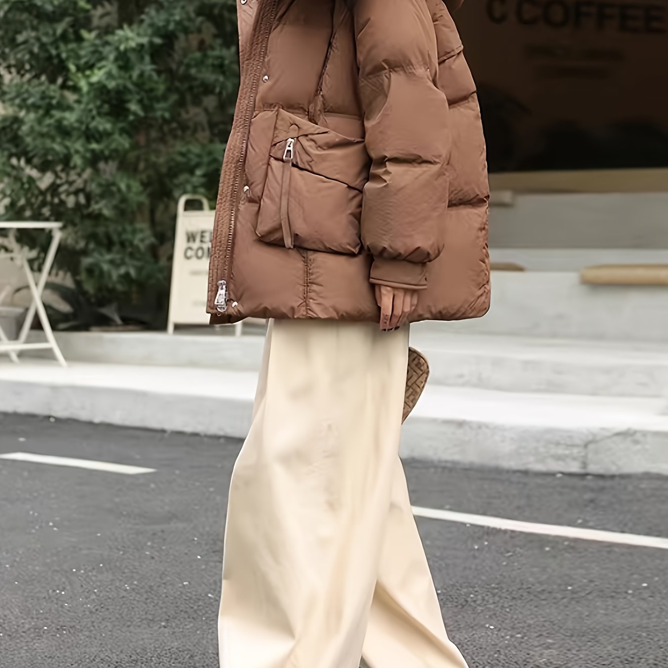 Women's Fashion Korean Style Mid-Length Puffer Coat, Thickened Warmth with Hood, Solid Color, Non-Stretch Polyester, Casual Loose Fit, Long Sleeve, Zipper Front, 180g Down, Winter Outerwear