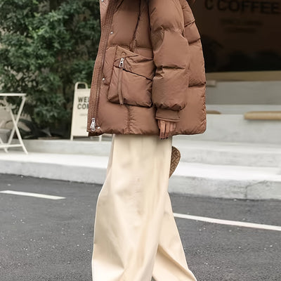 Women's Fashion Korean Style Mid-Length Puffer Coat, Thickened Warmth with Hood, Solid Color, Non-Stretch Polyester, Casual Loose Fit, Long Sleeve, Zipper Front, 180g Down, Winter Outerwear