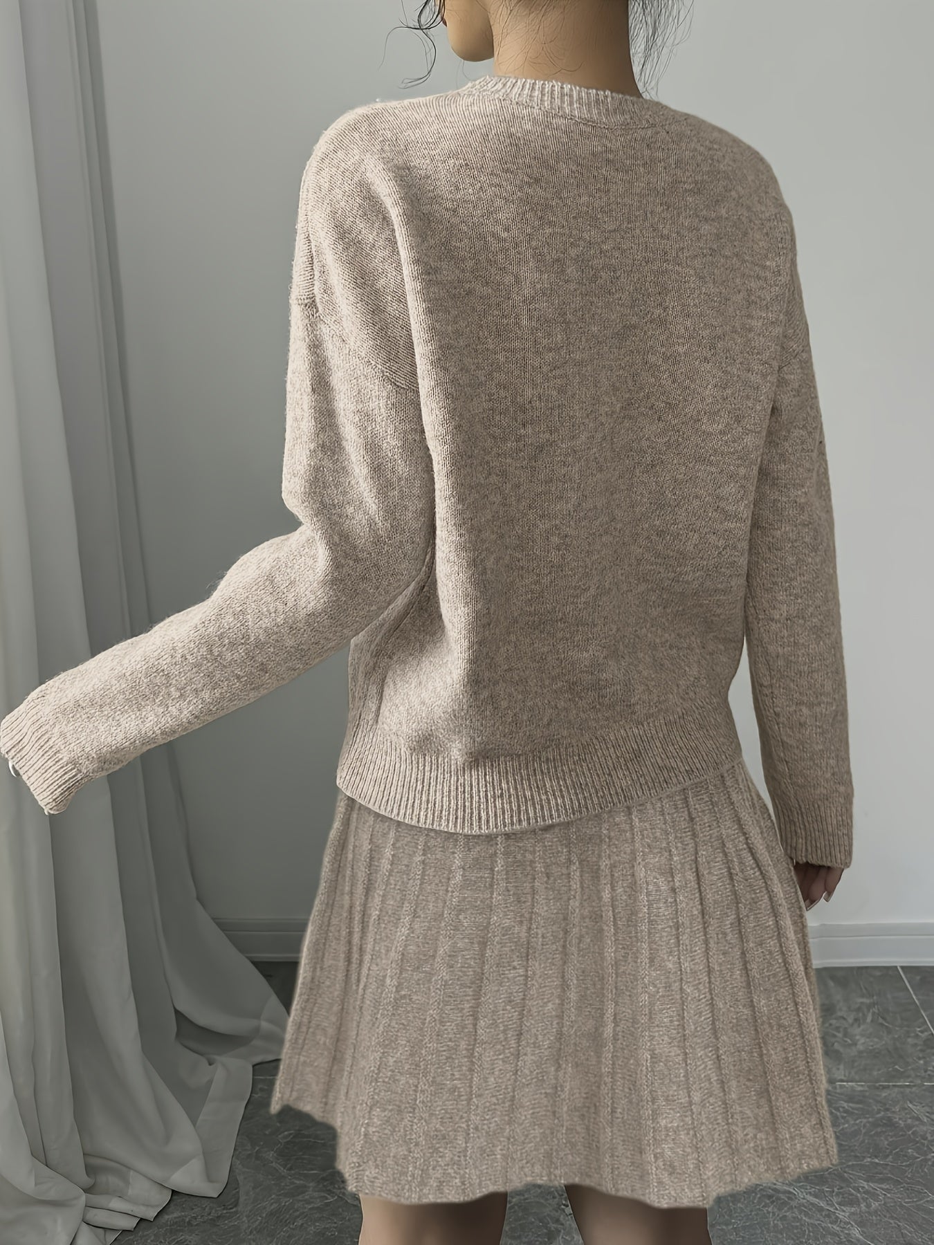 2025 Autumn Winter New Two-Piece Solid Color Long Sleeve Embroidered Round Neck Pullover Sweater + Solid Color Pleated Skirt Nian Nian