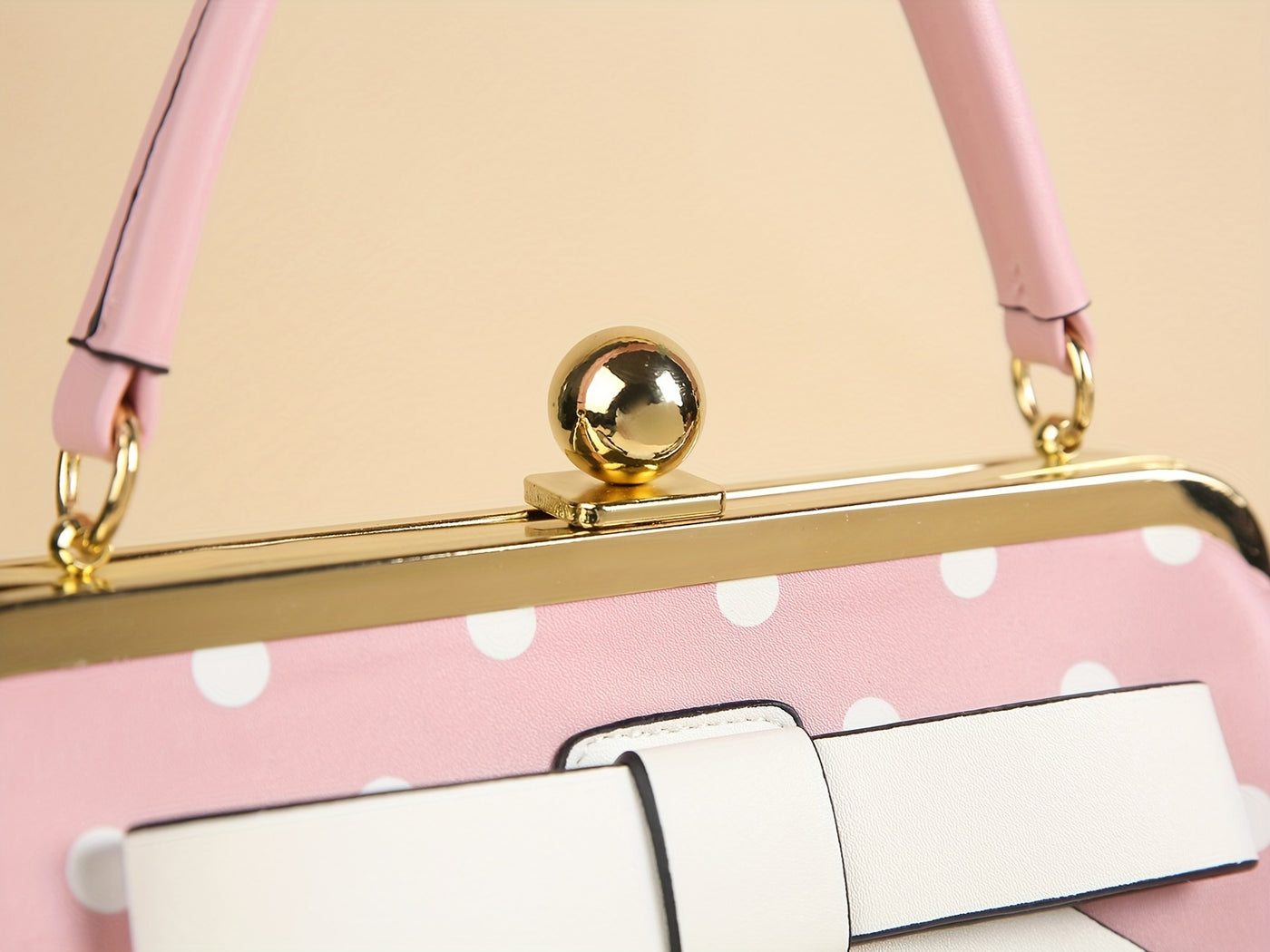 [Elegant Handbag] High Quality Lacquered Handbag | 2024 Autumn New Korean Polka Dot for Women - Kiss Lock Closure, Removable Shoulder Strap & Bow Detail, Glossy Patent Look (Black/White, Bronze, Pink & White) - Perfect for We
