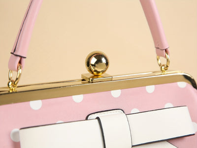 [Elegant Handbag] High Quality Lacquered Handbag | 2024 Autumn New Korean Polka Dot for Women - Kiss Lock Closure, Removable Shoulder Strap & Bow Detail, Glossy Patent Look (Black/White, Bronze, Pink & White) - Perfect for We